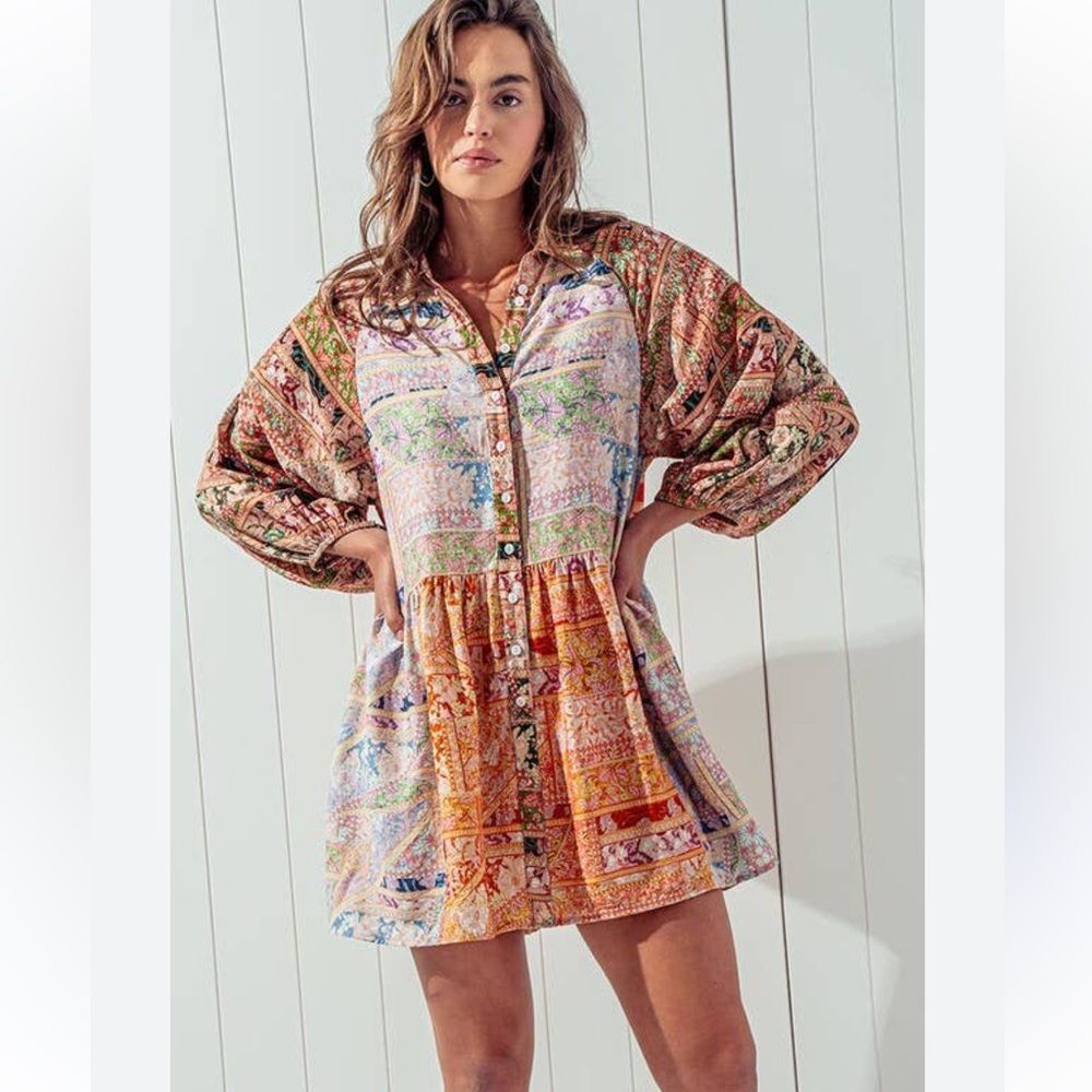 Heyday Colorful Complimentary Print Boho Peasant Tunic Blouse Mini Dress